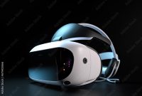 High-tech VR headset, modern design, reflecting the user's excited ...